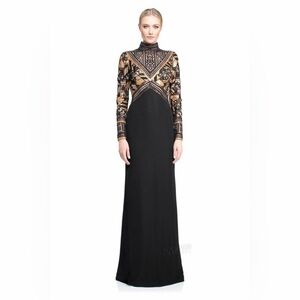 Tadashi Shoji Black and Gold Long Sleeve Dress